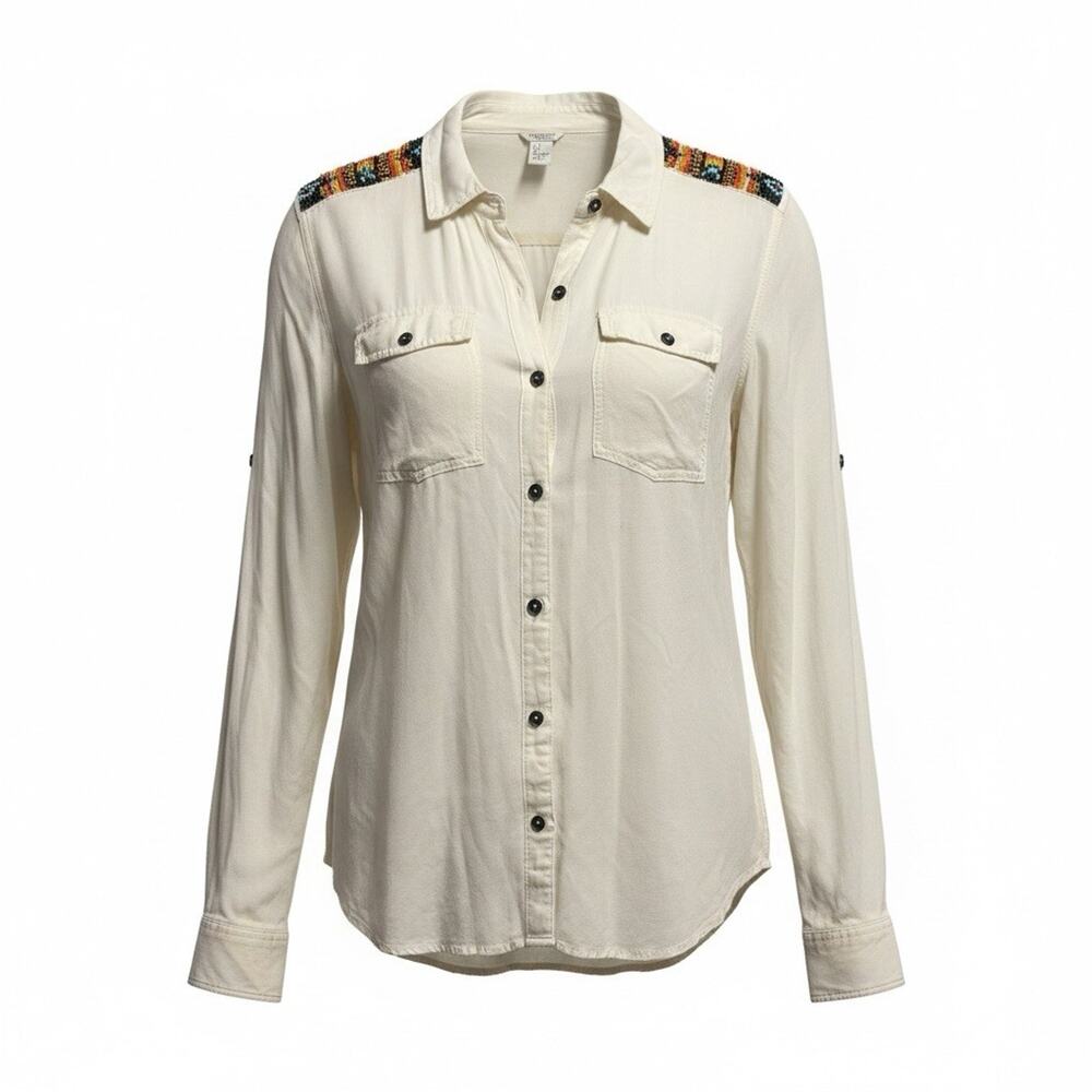 Forever 21 Womens Large Ivory Beaded Button Down Shirt Boho Military Utility Top